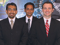 From left, business partners Hiren Patel '03, Kuna Patel, and Aaron Lawlor '03 started Aphelion Solutions.