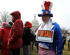 A demonstrator dressed as Uncle Sam