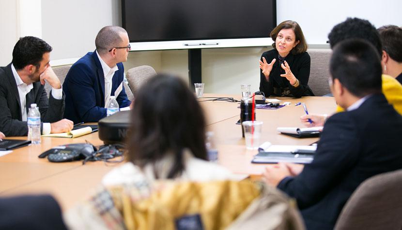 The Tri-Sector Fellows meet with Sarah Bloom-Raskin, former deputy secretary of the Treasury Department, at UVA’s Batten School. 