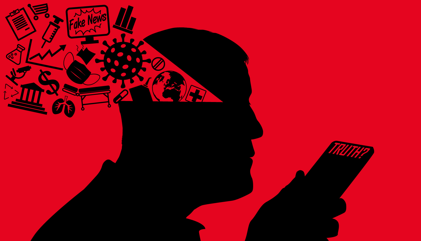 Illustration of man looking at phone with "Truth?" on it