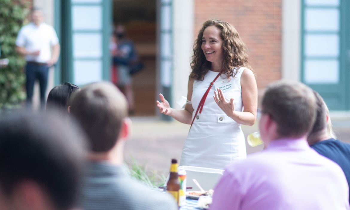 Dean Risa Goluboff greets students at the 2L kickoff event