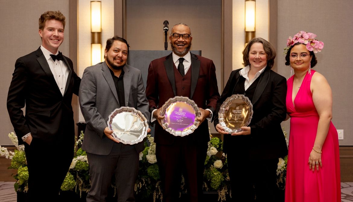 Gala Co-Chairs James Hornsby ’24 and Madalyn Moore ’24 flank honorees Scott Migliori ’12, Cordel Faulk ’01 and Susan Baker Manning ’98
