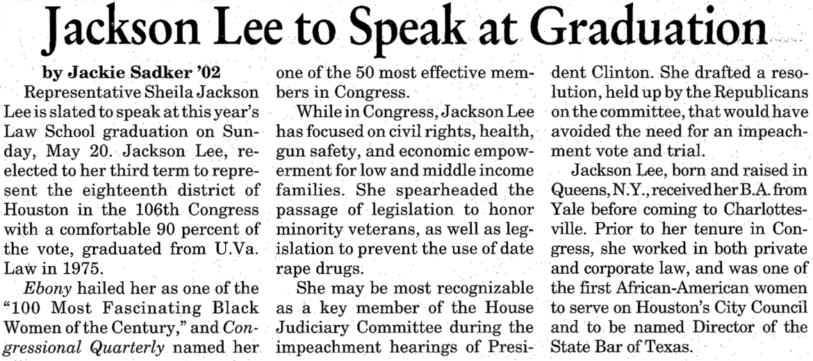 Virginia Law Weekly news story on Sheila Jackson Lee speaking at graduation