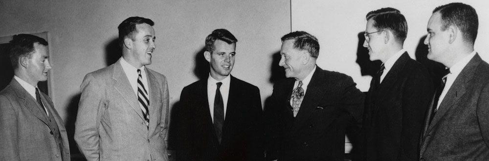 Kennedy and U.S. Supreme Court Justice William O. Douglas, center, with members of the Student Legal Forum, including Endicott P. "Cottie" Davison '51, first from left.