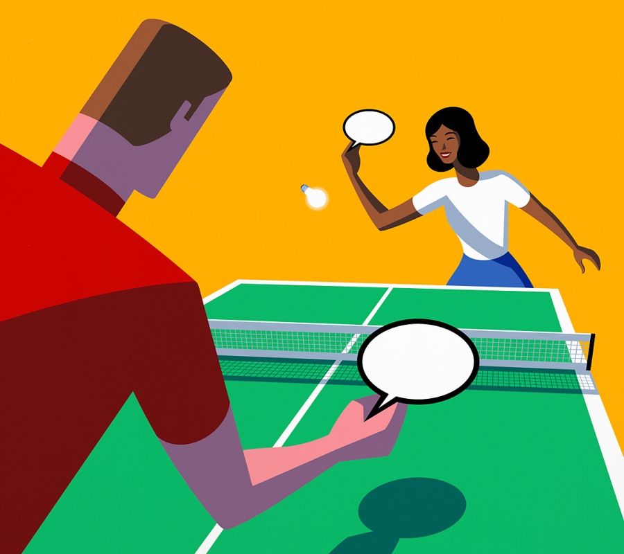 Illustration of ping pong with a light bulb and speech bubbles