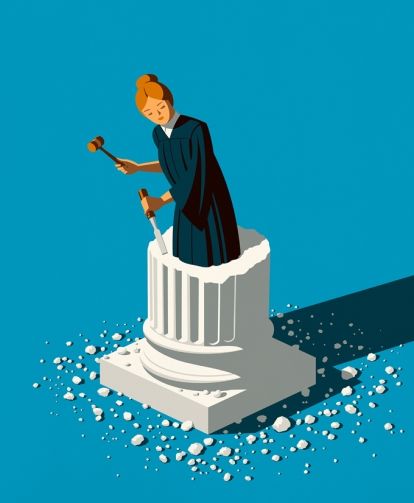 Illustration of a judge chiseling herself out of a column