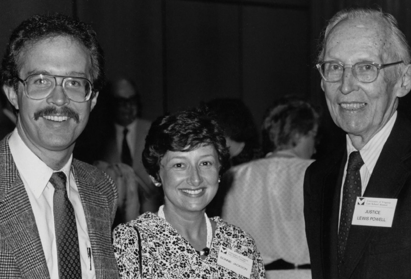 Dean Thomas A. Jackson, Bonnie Jackson and U.S. Supreme Court Justice Lewis F. Powell Jr. at a UVA Law alumni event, circa 1989. 