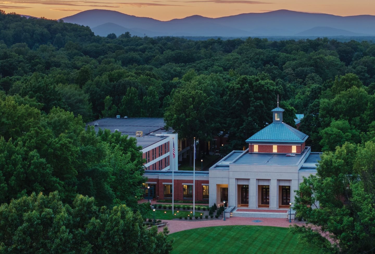 Photo of the law school at sunset