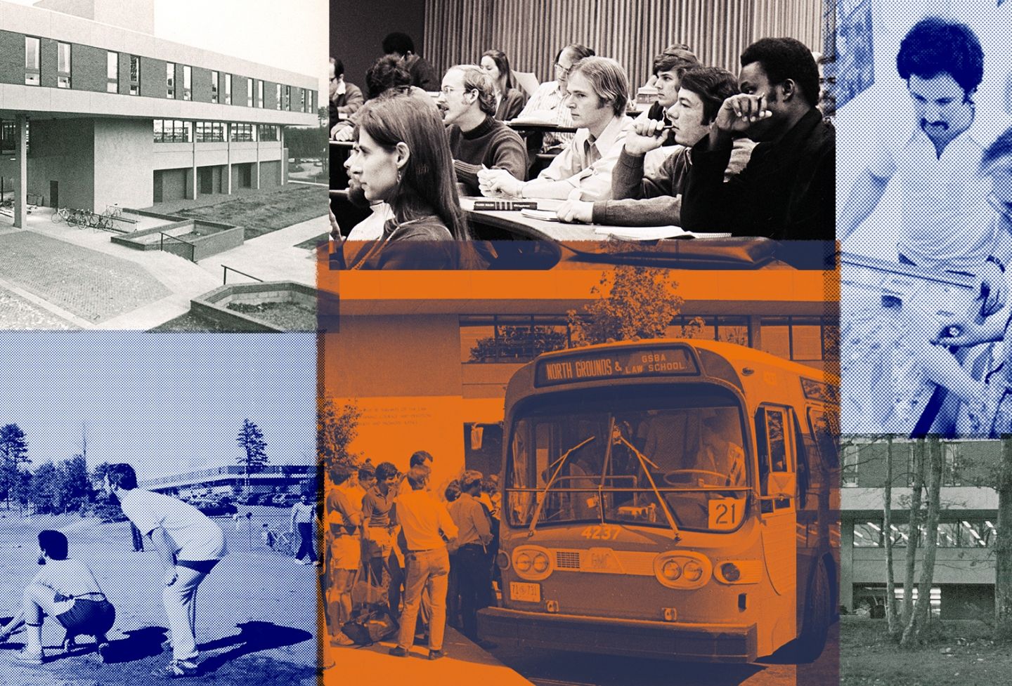 Collage featuring photos from the law school circa 60's-70's
