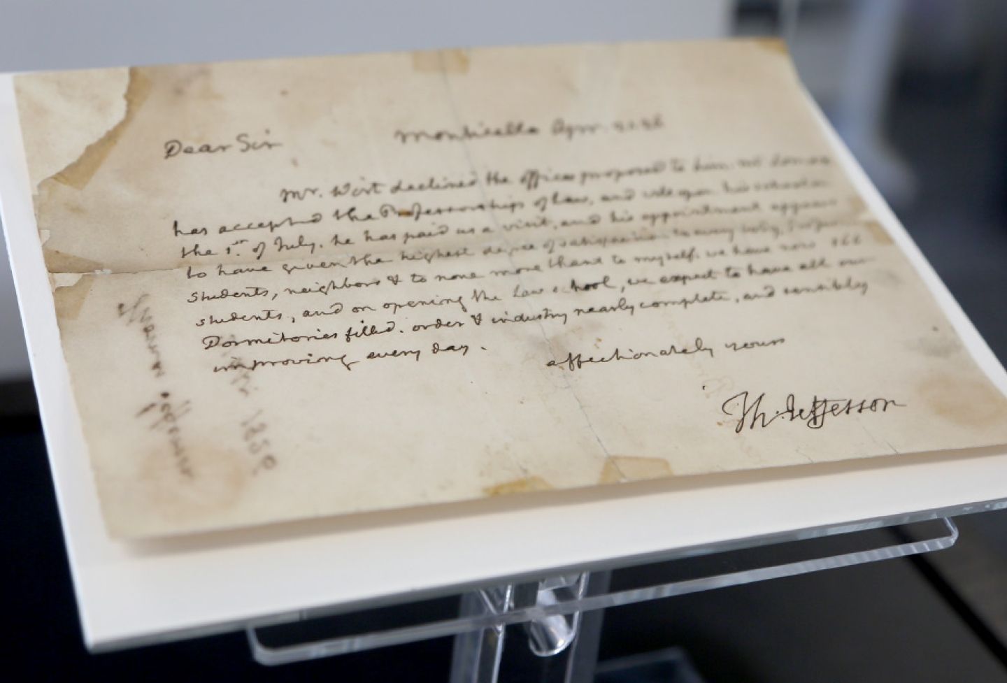 A letter written by Thomas Jefferson about the hiring of the first UVA law professor was installed at the Arthur J. Morris Law Library in September.