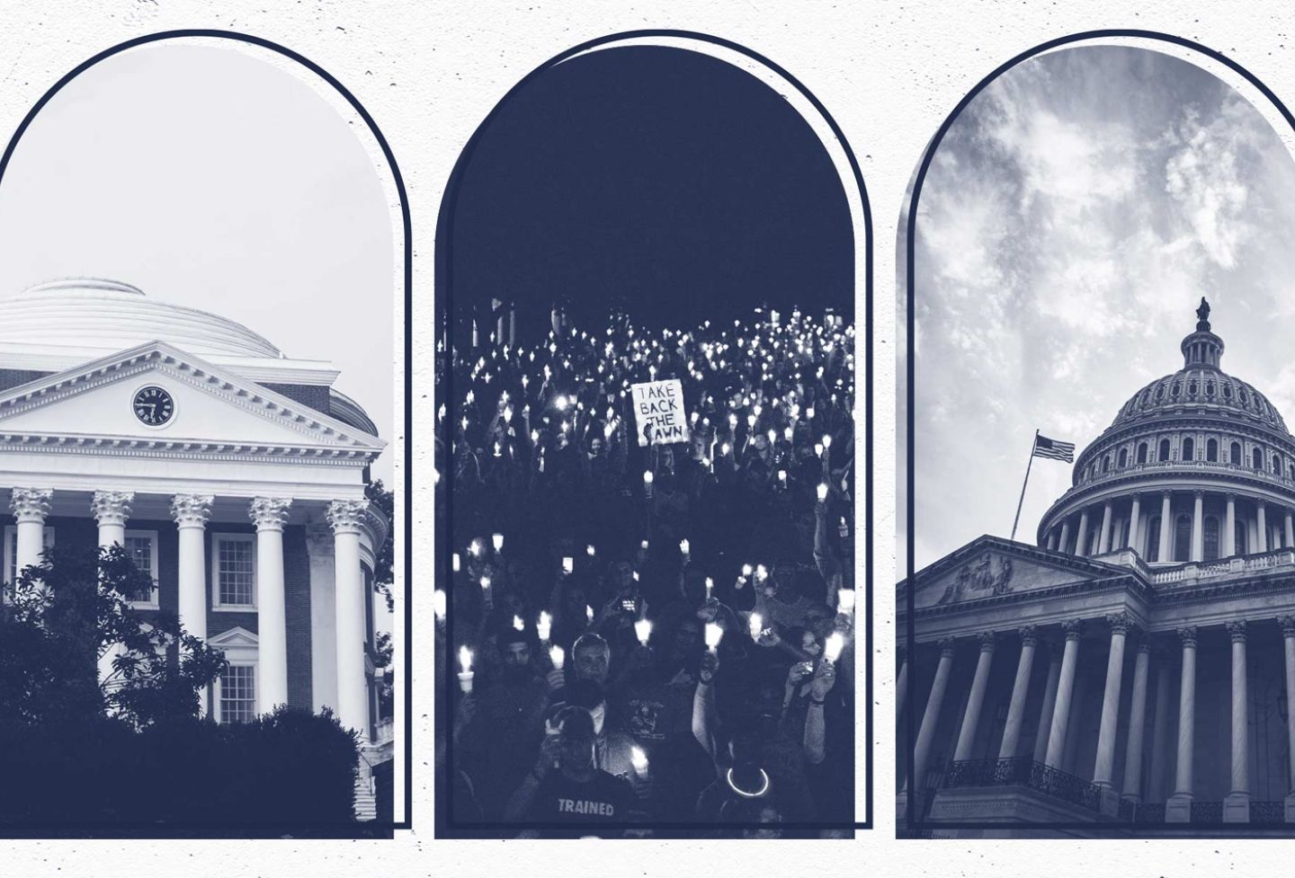 Illustration showing UVA, the vigil in the aftermath and the U.S. Capitol