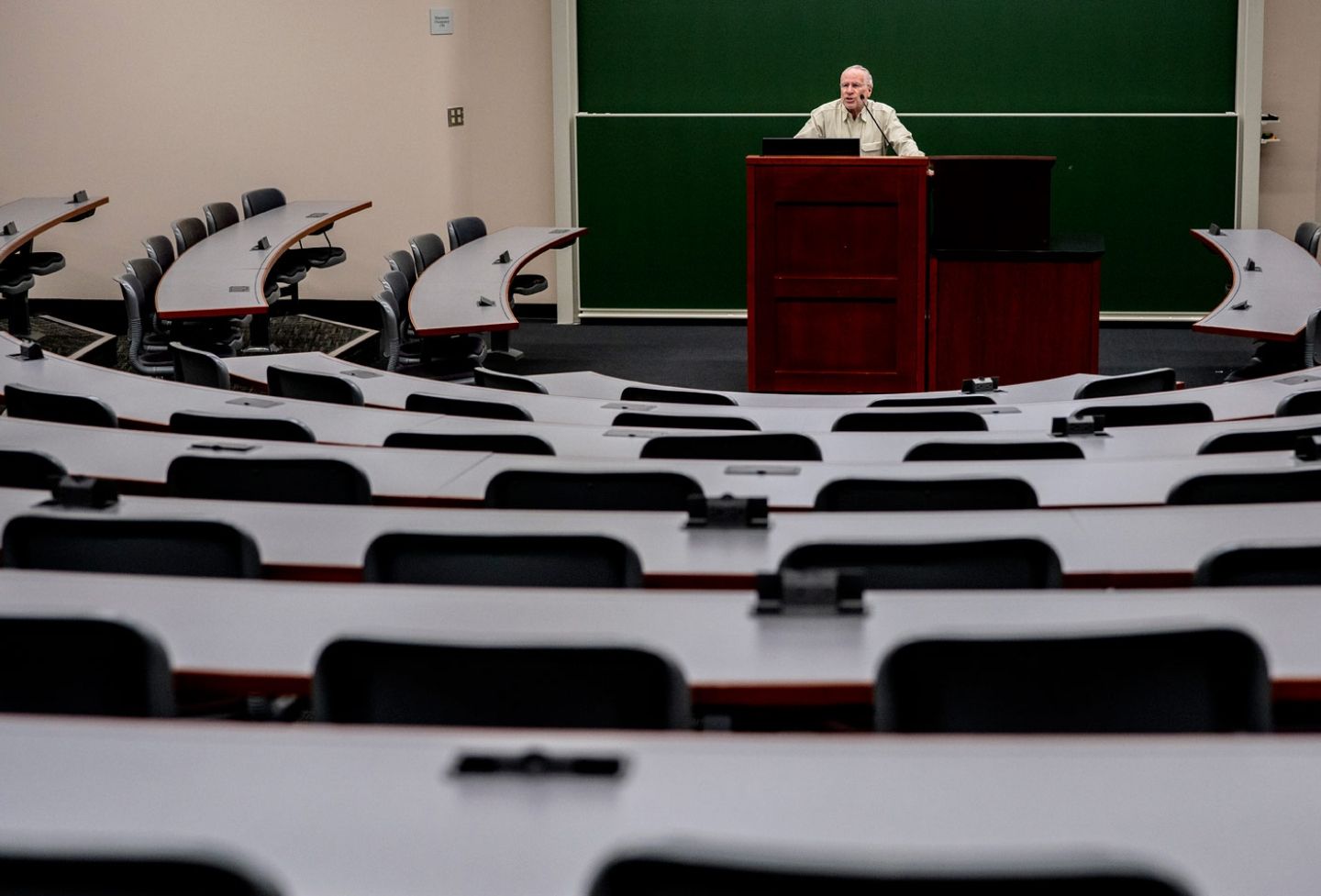 Professor Fred Schauer teaches in an empty classroom