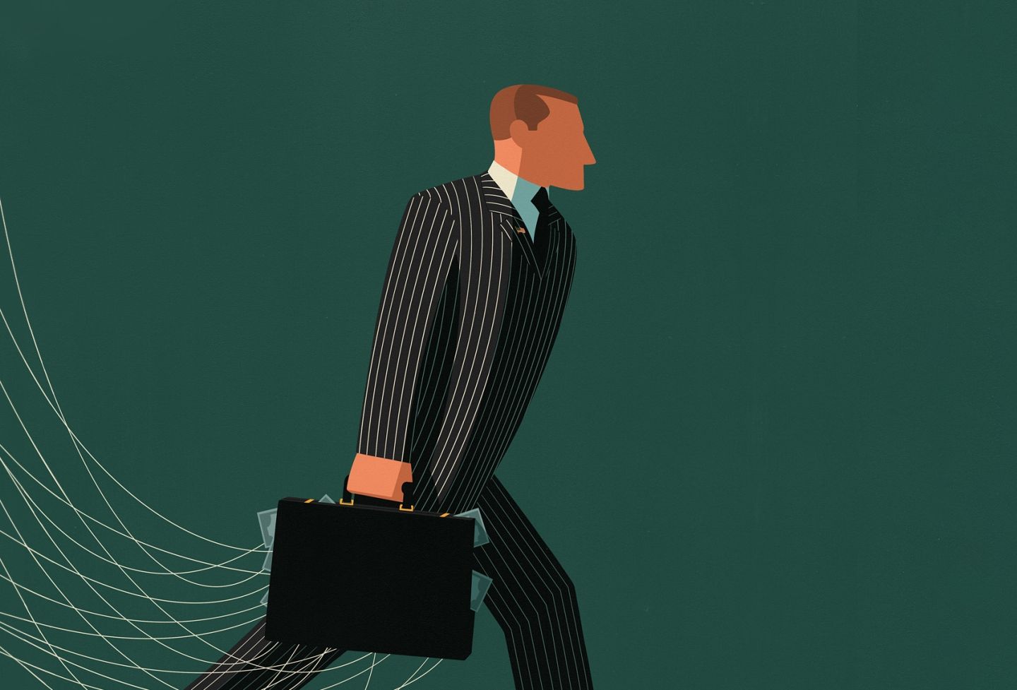 Illustration of a man holding a suitcase with strings coming out of it.