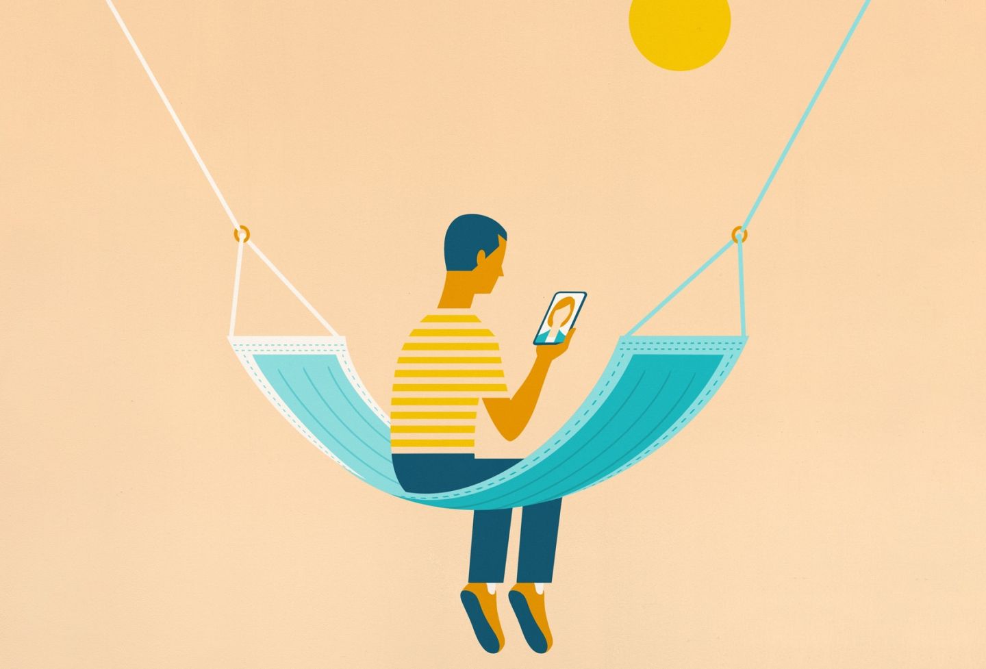 Man looks at phone on a hammock shaped like a mask