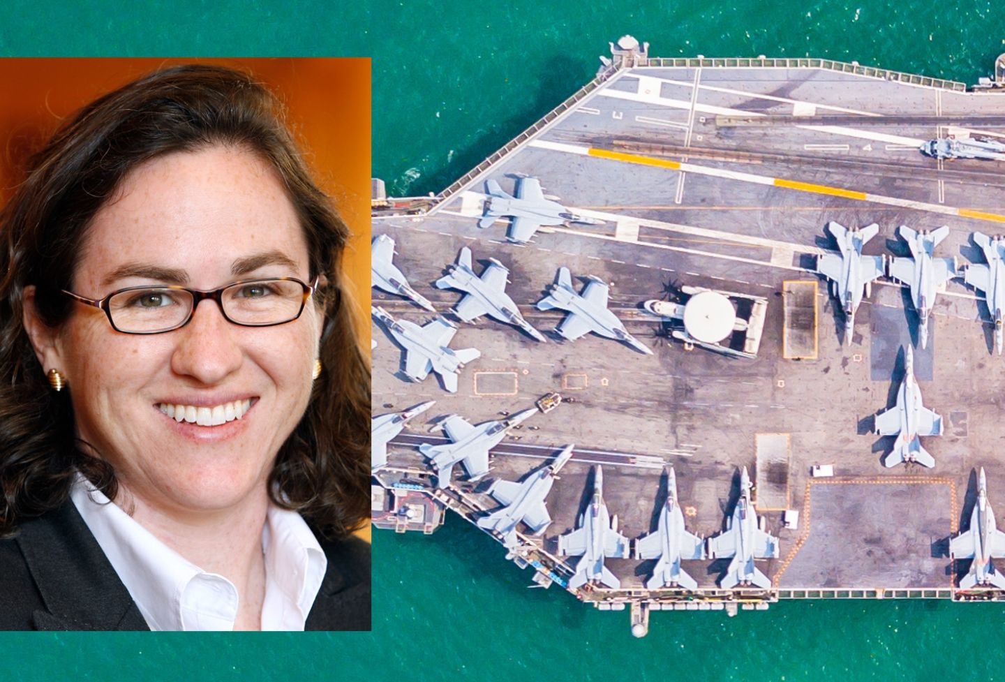 A photo of Ashley Deeks in front of a photo of an aircraft carrier.