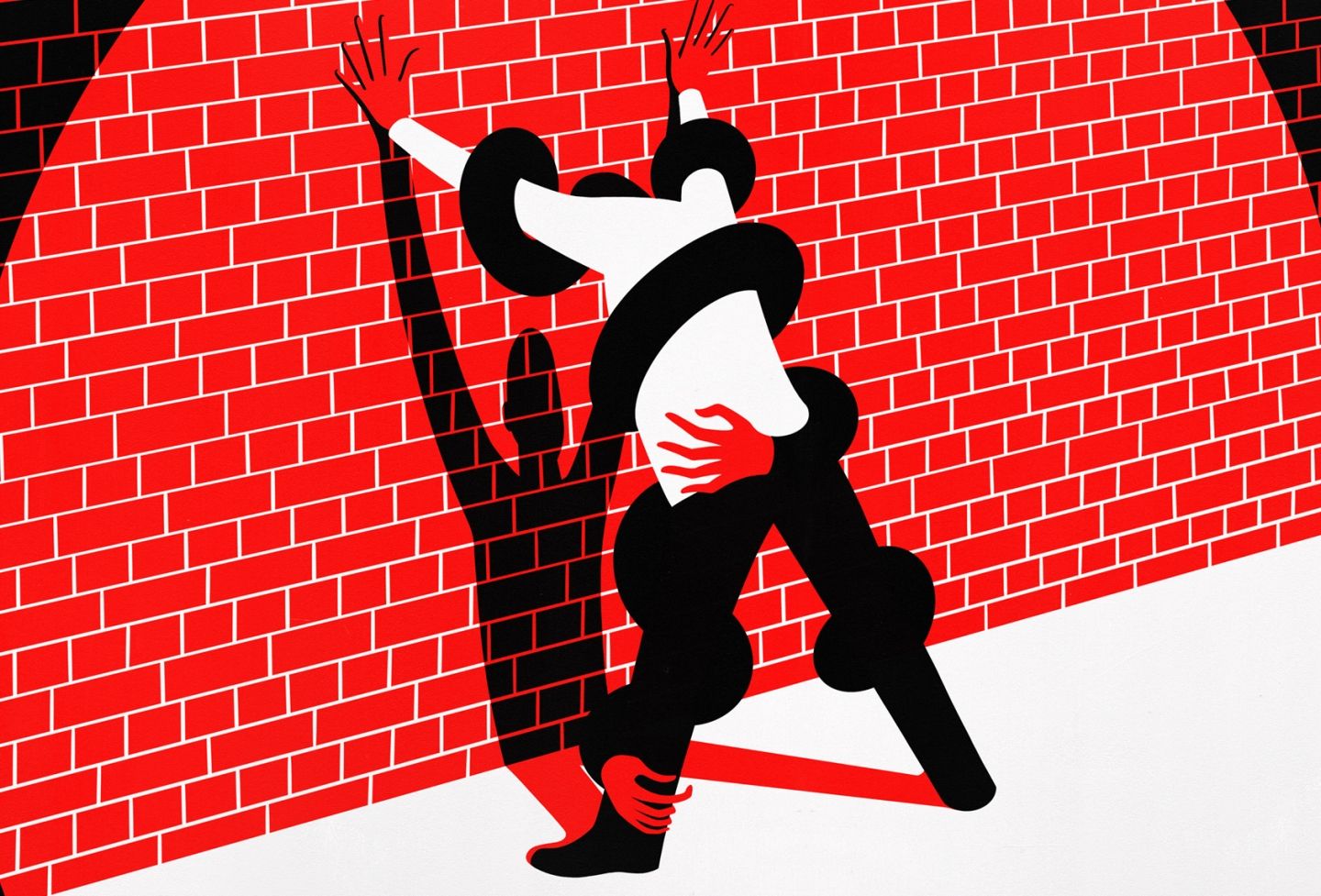 An illustration of a man standing with his hands up against a wall.