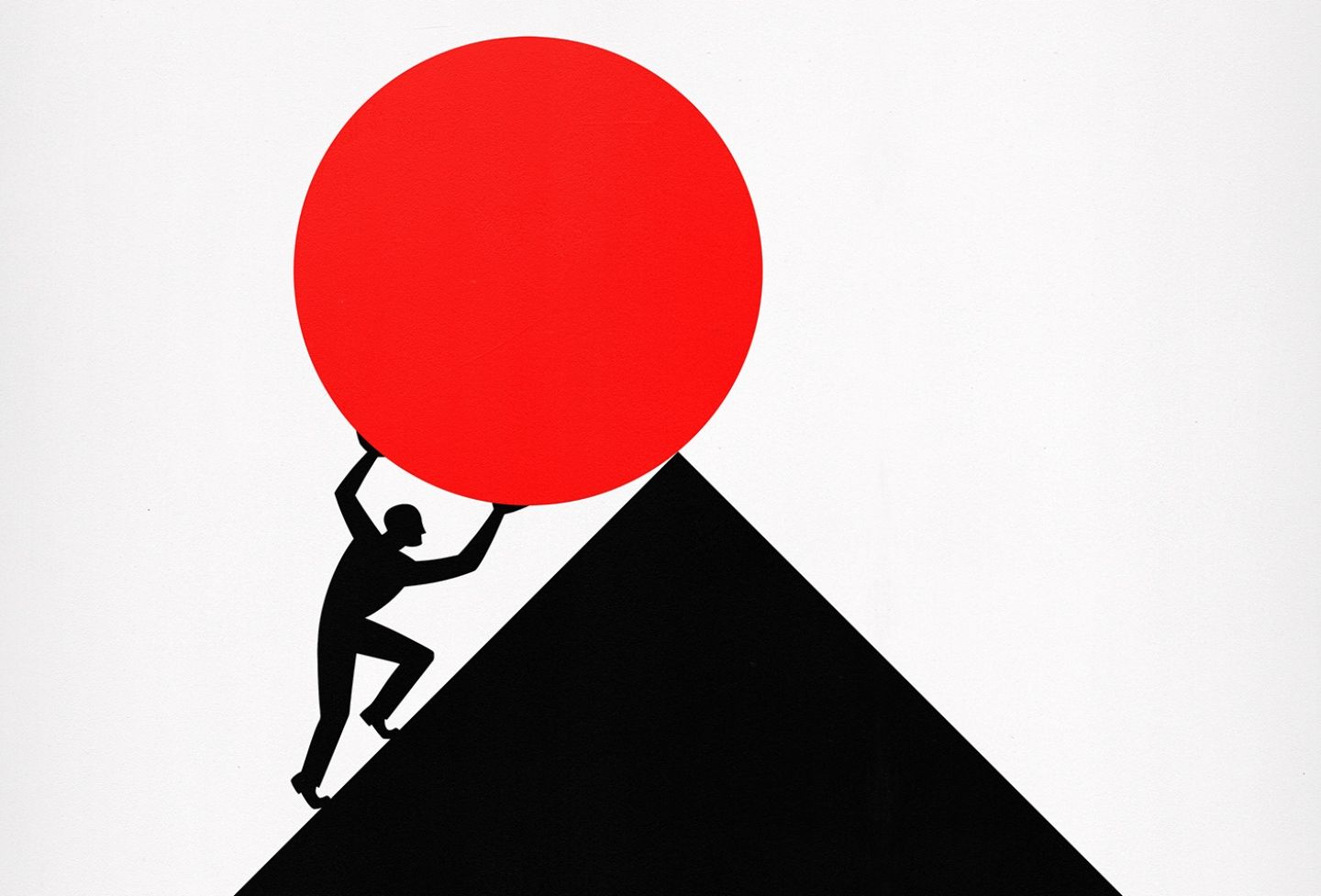 An illustration of a person pushing a circular object up a triangular hill.