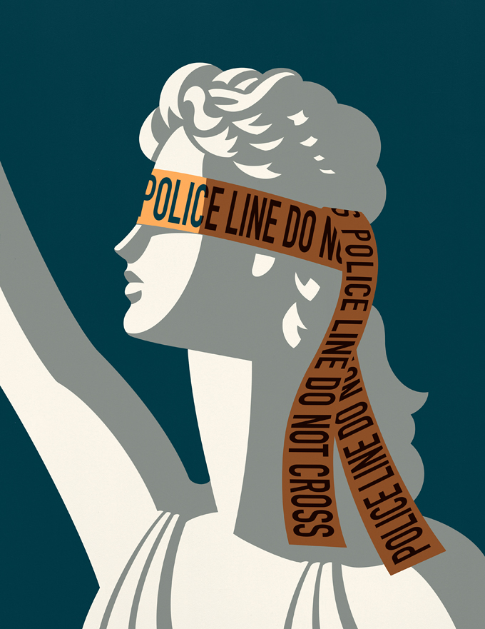 Illustration of lady justice with police tape over her eyes