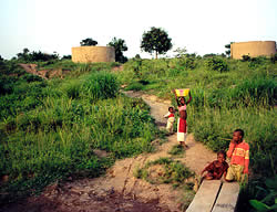 Refugee children collect water from a stream near Kissidougou, Guinea.