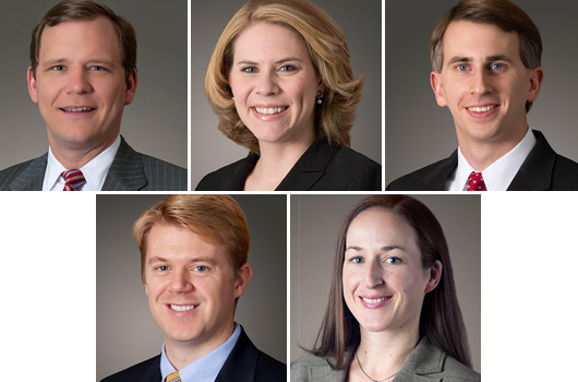 Clockwise from top left, John Adams ’03, Katherine Mims Crocker ’12, Brian Schmalzbach ’10, Rebecca Gantt ’11, Matt Fitzgerald ’08 