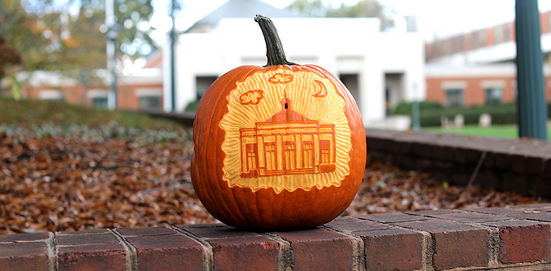 Pumpkin in front of law school