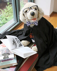 Gunner is dressed as a judge, complete with glasses, robe and bowtie